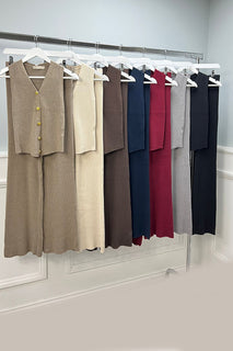 V-Neck, Button Through, Elasticated Waist, Viscose Knitted, Ribbed Wide Leg Two Piece Waistcoat Se