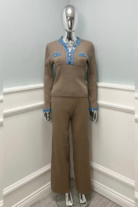 Denim Trim & Golden Button Detailed, Elasticated Waist, Ribbed Wide Leg Two Piece Set
