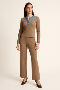 Denim Trim & Golden Button Detailed, Elasticated Waist, Ribbed Wide Leg Two Piece Set