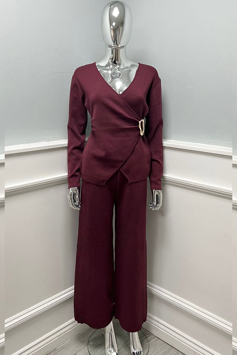 V Wrap Over, Buckle Detailed, Elasticated Waist, Wide Leg Two Piece Set.