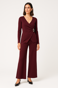 V Wrap Over, Buckle Detailed, Elasticated Waist, Wide Leg Two Piece Set.