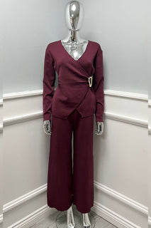 V Wrap Over, Buckle Detailed, Elasticated Waist, Wide Leg Two Piece Set.