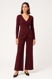 V Wrap Over, Buckle Detailed, Elasticated Waist, Wide Leg Two Piece Set.
