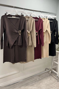 V Wrap Over, Buckle Detailed, Elasticated Waist, Wide Leg Two Piece Set.