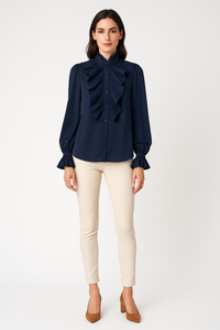 High Neck, Button Through, Frill Detailed, Elasticated Cuff Satin Top