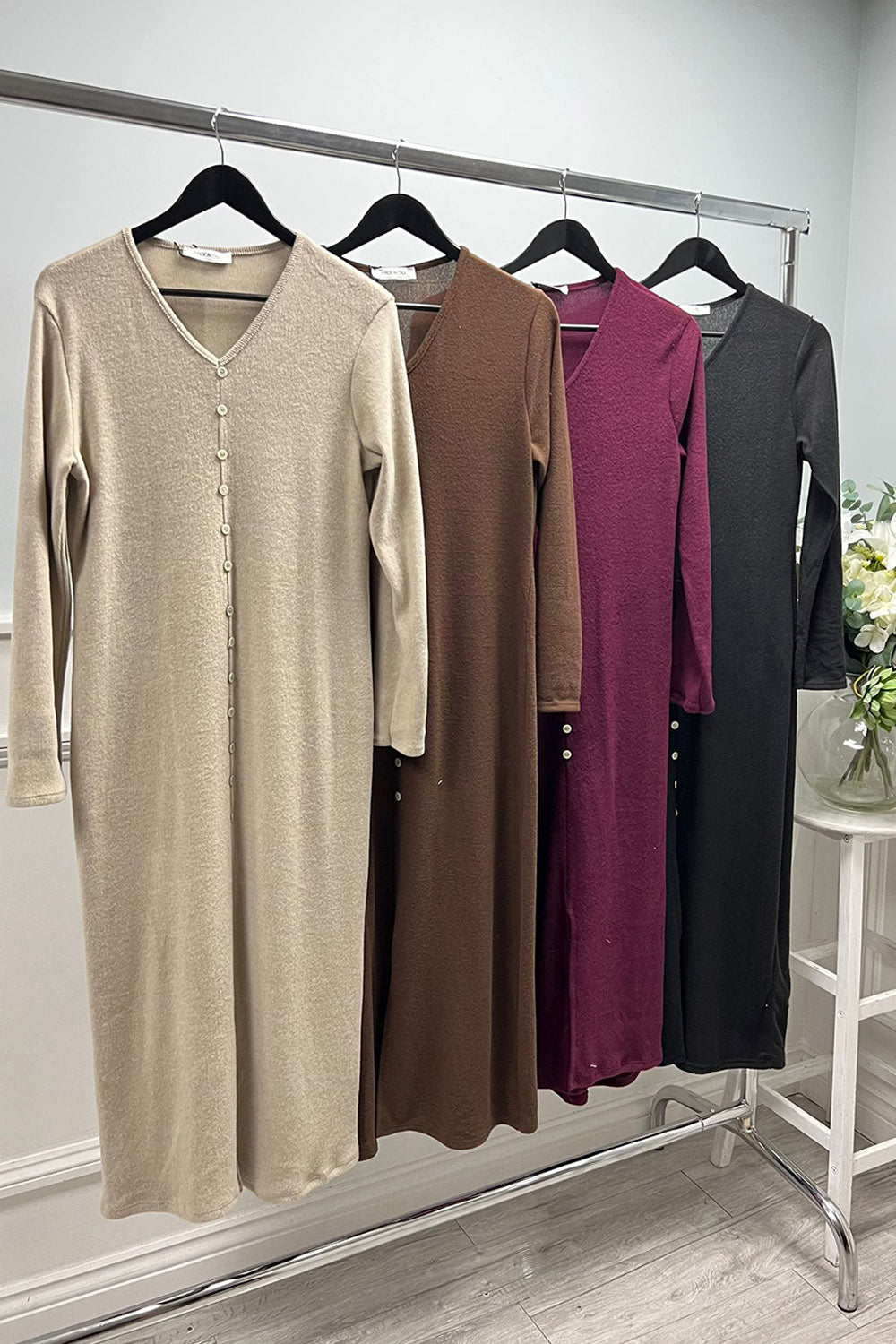 V-Neck, Button Detailed, Viscose Knitted, Front Split Dress