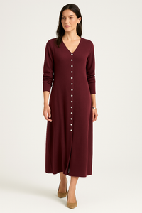 V-Neck, Button Detailed, Viscose Knitted, Front Split Dress