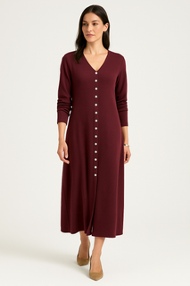 V-Neck, Button Detailed, Viscose Knitted, Front Split Dress