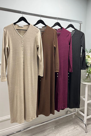 V-Neck, Button Detailed, Viscose Knitted, Front Split Dress