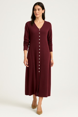 V-Neck, Button Detailed, Viscose Knitted, Front Split Dress