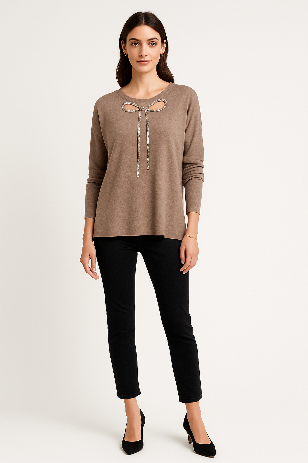 Round Neck, Diamanté Studded Bow Detailed, Viscose & Polymide Knitted Jumper