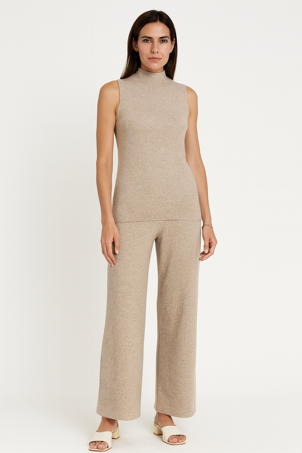 High Neck, Collared, Viscose, Polymide & Acrylic Knitted, Elasticated Waist, Wide Leg Three Piece Set