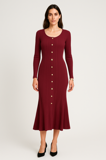 Ribbed knit dress with a sleek button-down front, fitted long sleeves, and a gently flared hem