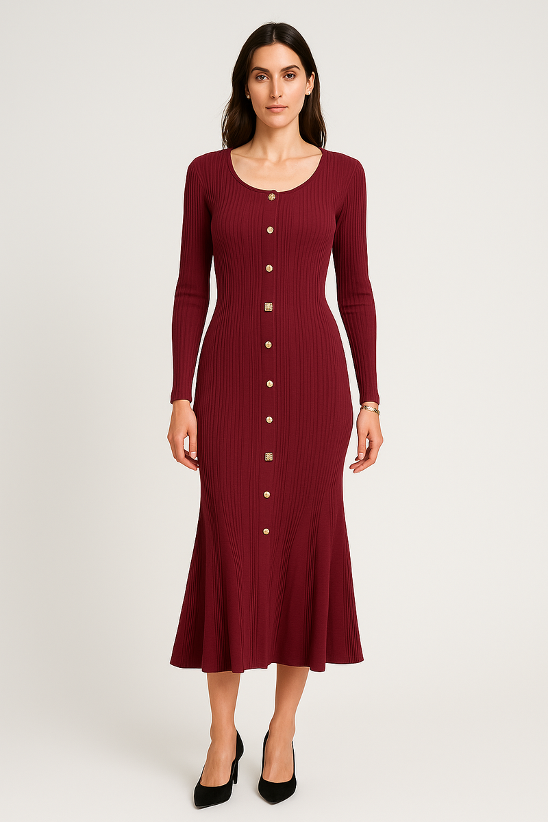 Ribbed knit dress with a sleek button-down front, fitted long sleeves, and a gently flared hem