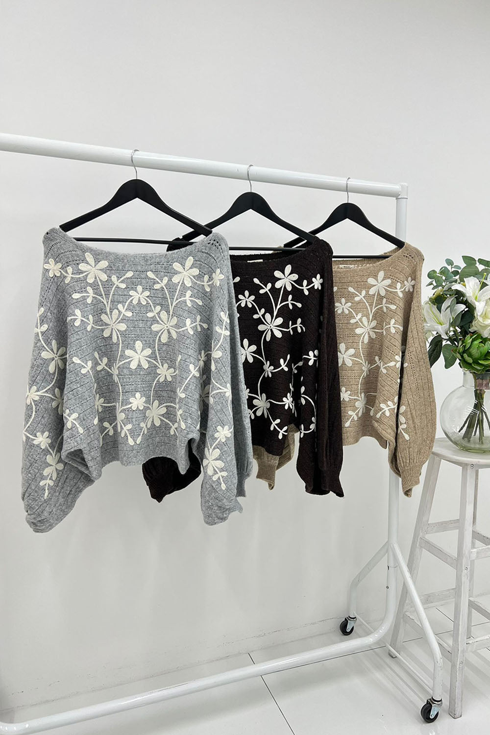 Slash Neck, Floral Embroidery Detailed, Balloon Sleeve, Acrylic & Lana Wool Knitted Crop Jumper.