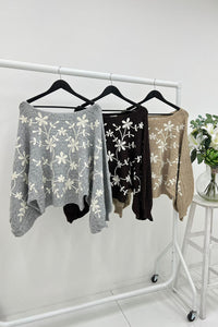 Slash Neck, Floral Embroidery Detailed, Balloon Sleeve, Acrylic & Lana Wool Knitted Crop Jumper.