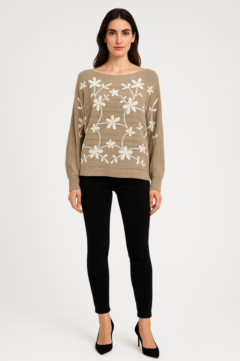 Slash Neck, Floral Embroidery Detailed, Balloon Sleeve, Acrylic & Lana Wool Knitted Crop Jumper.