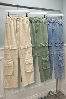 ‘Redial’ Pocket Detailed, Stretchy Denim Wide Leg Cargo Jeans