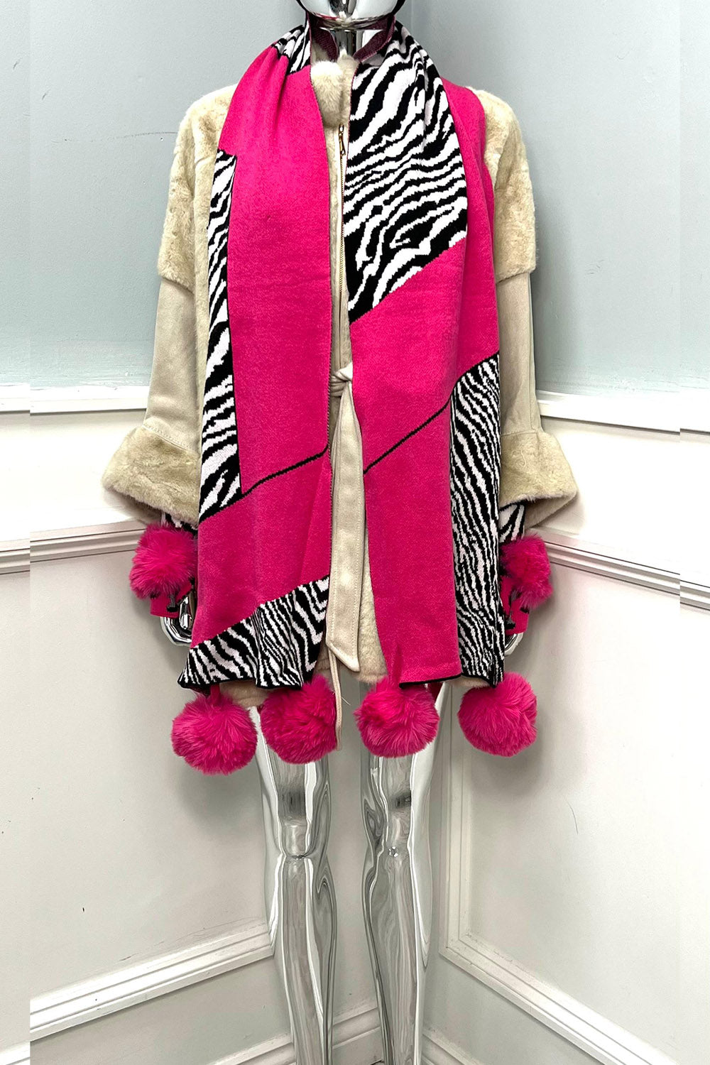 Bold Zebra Patchwork Pom-Pom Scarf