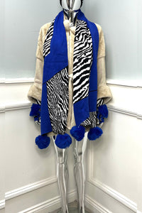 Bold Zebra Patchwork Pom-Pom Scarf