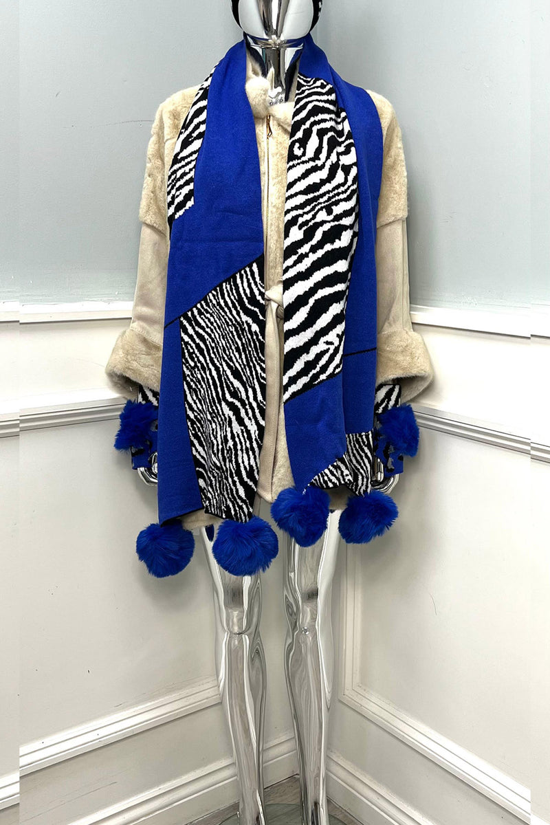 Bold Zebra Patchwork Pom-Pom Scarf