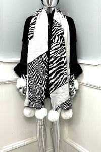 Bold Zebra Patchwork Pom-Pom Scarf