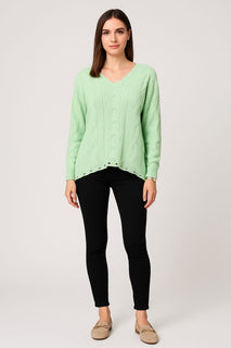V-Neck, Cable Knit Detailed, 100% Cotton Top