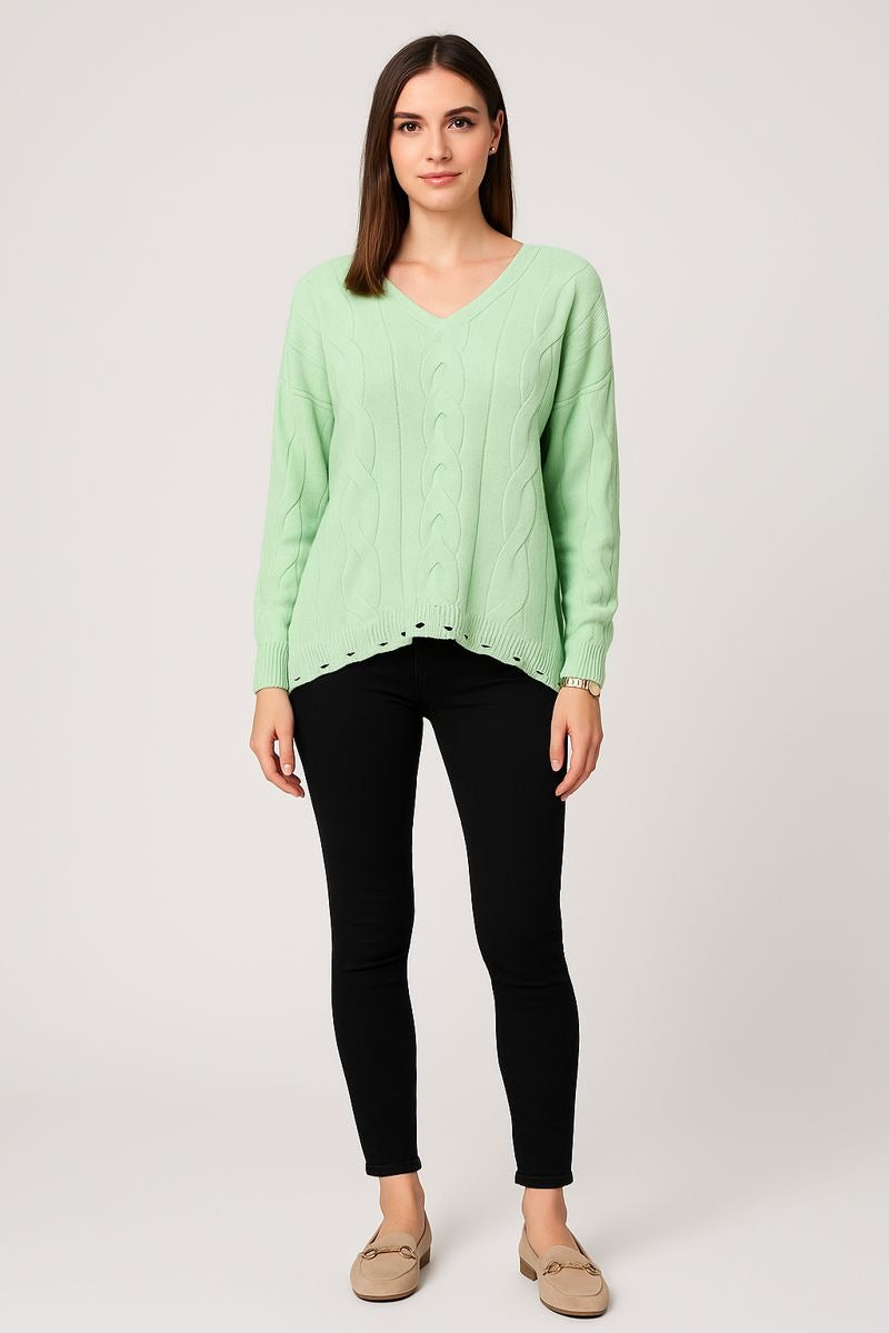 V-Neck, Cable Knit Detailed, 100% Cotton Top